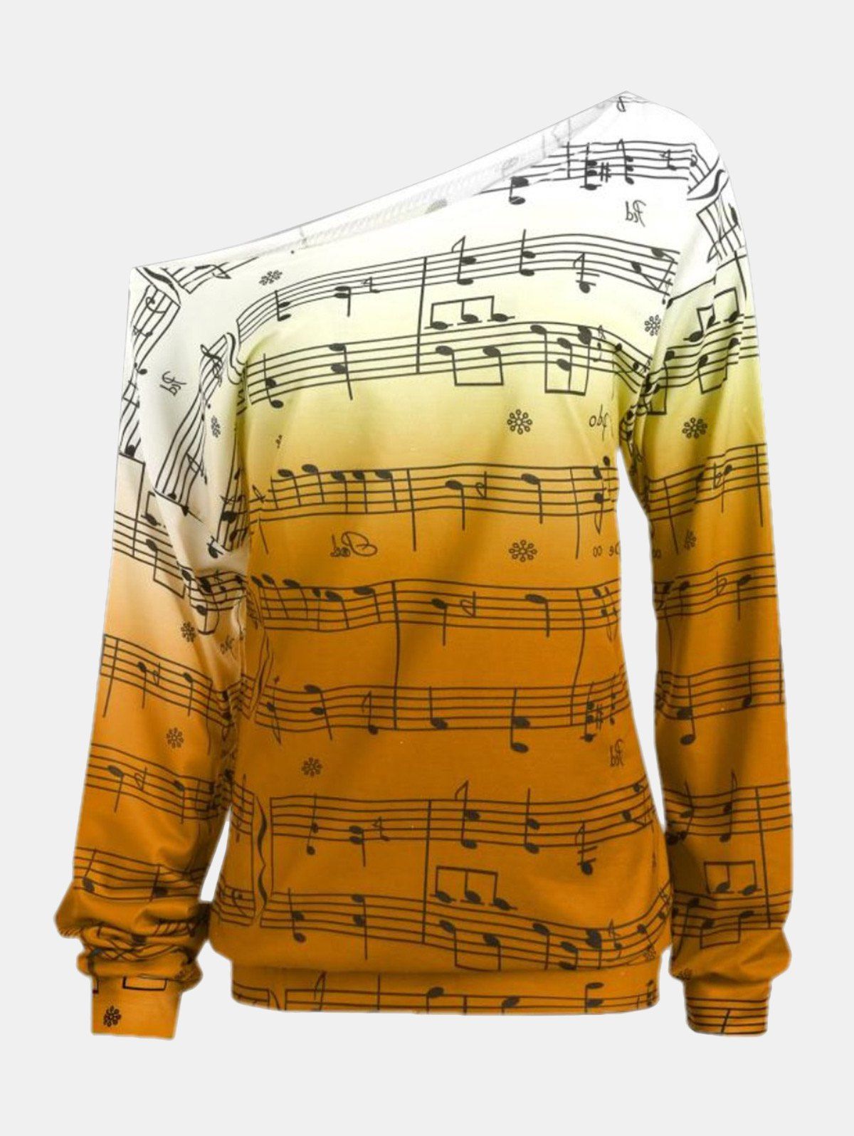 

Personality Gradually Change Color Note Printing Loose Long Sleeve Top, Yellow