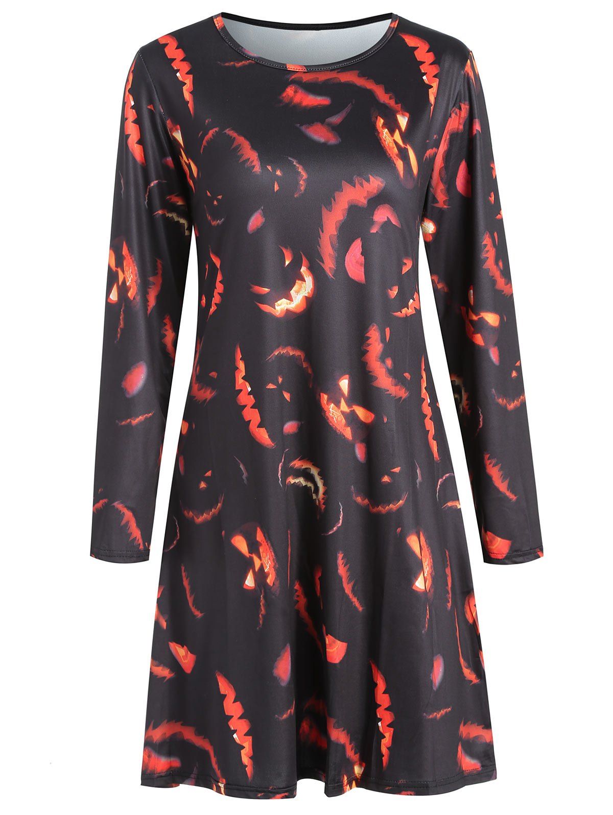 

Women's Round Neck Long Sleeve Halloween Printing A-line Dress, Carbon fiber black