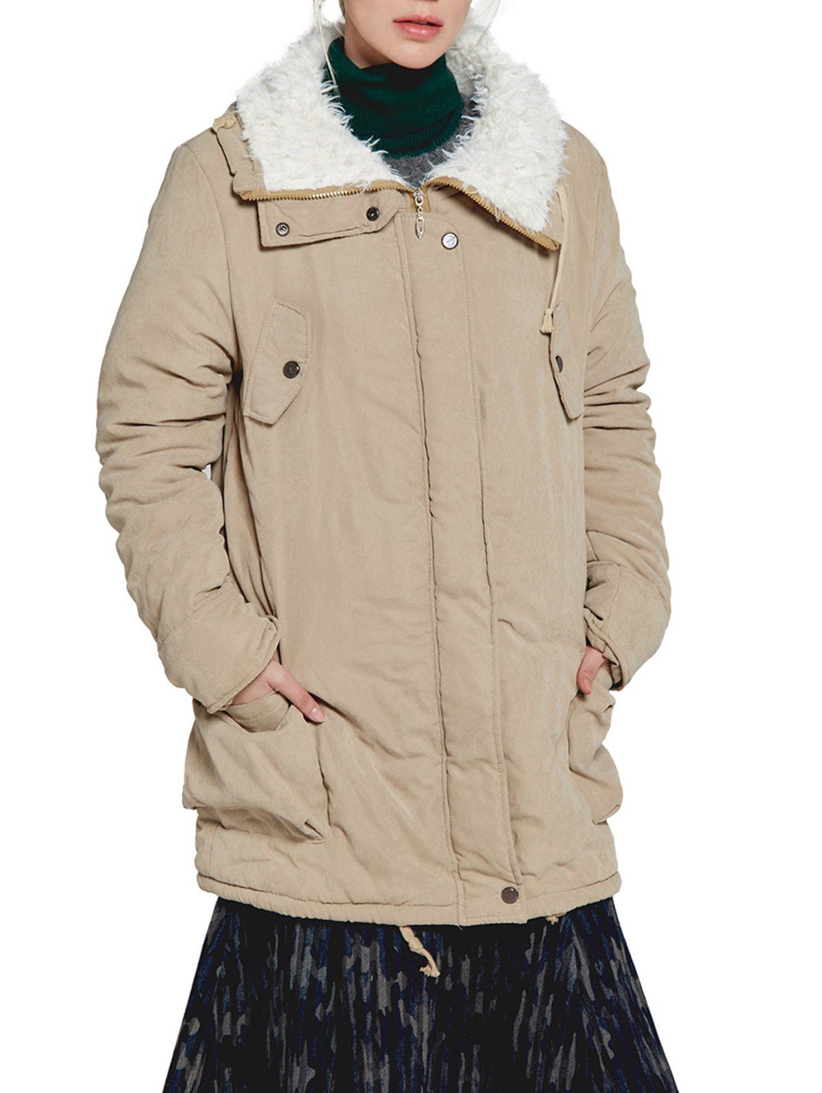 

Faux Fur Plush Parka Outerwear Coats, Light khaki