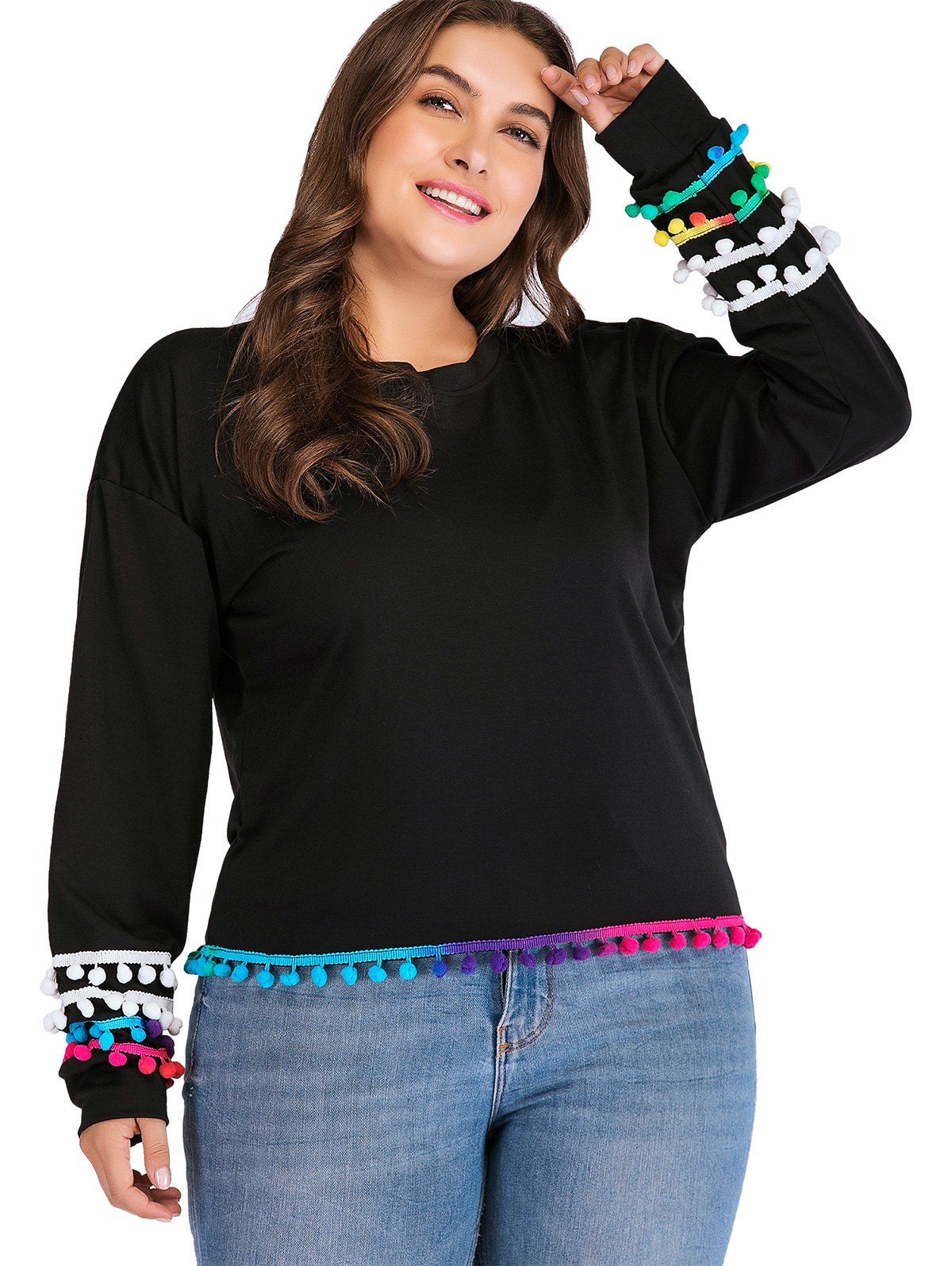 

Plus Size Colored Ball Webbing Long Sleeve Top, Black