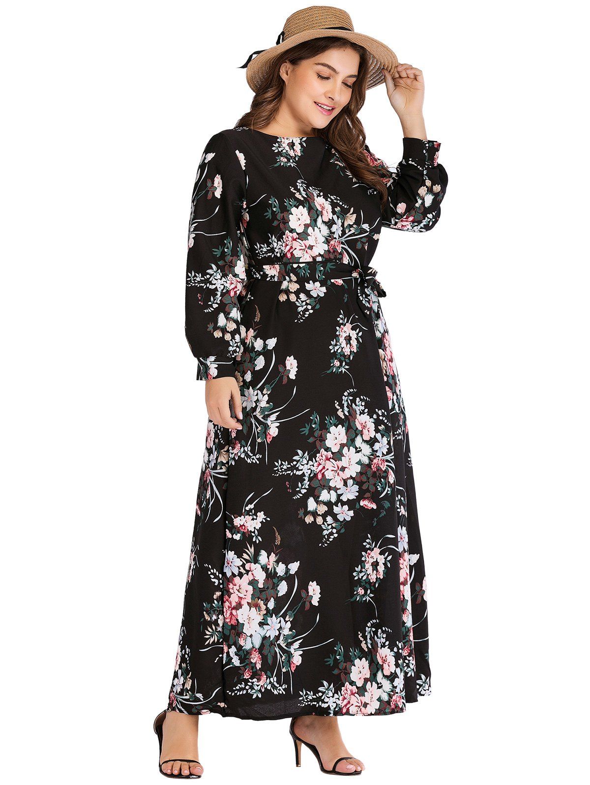 

Plus Size Printed Long Sleeve Belt Chiffon Dress, Black