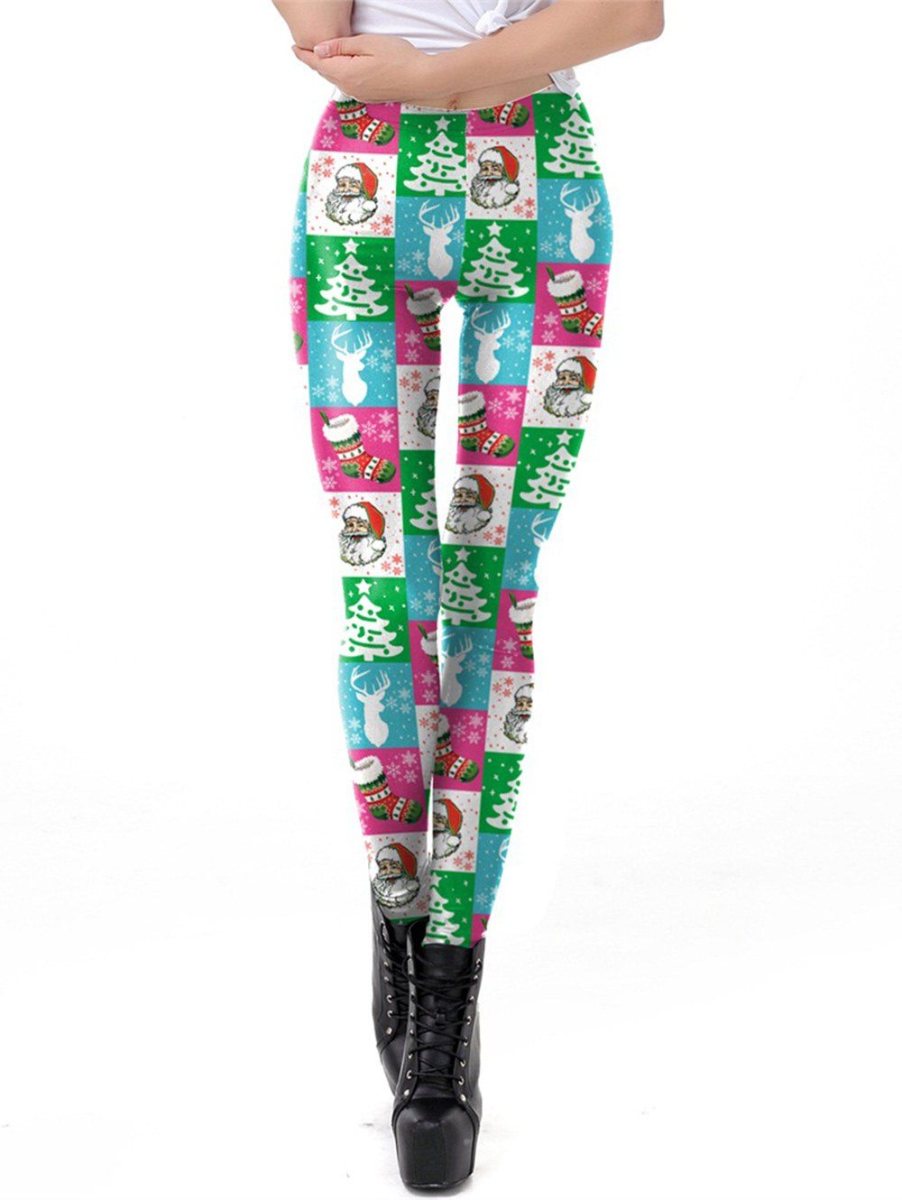 

Women Christmas Santa Claus Print Leggings Stretchy Tights, Green