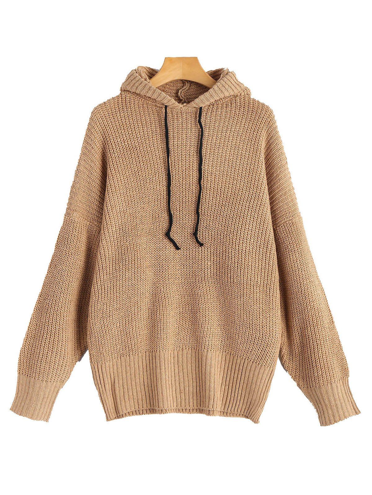 

Drawstring Drop Shoulder Hooded Sweater Knitting fleece, Camel brown