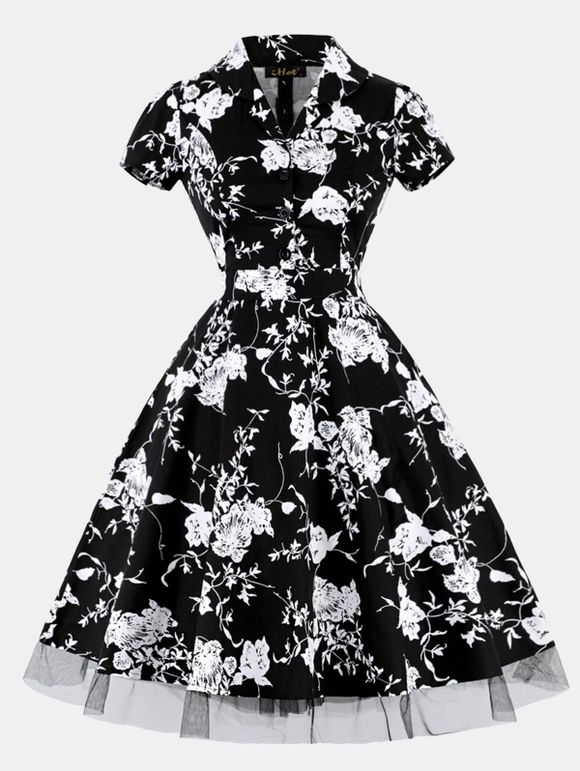 Women's Printed Lapel And Short Seeve Slim Waist Big Skirted Dress - Noir 2XL