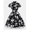 Women's Printed Lapel And Short Seeve Slim Waist Big Skirted Dress - Noir 2XL