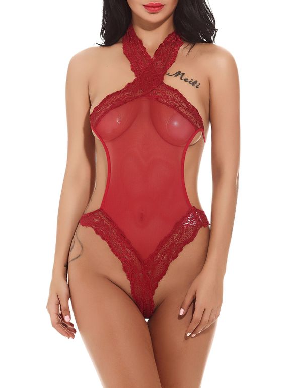 Halter One Piece Teddy Hollow-out Lingerie Sleepwear - Rouge S
