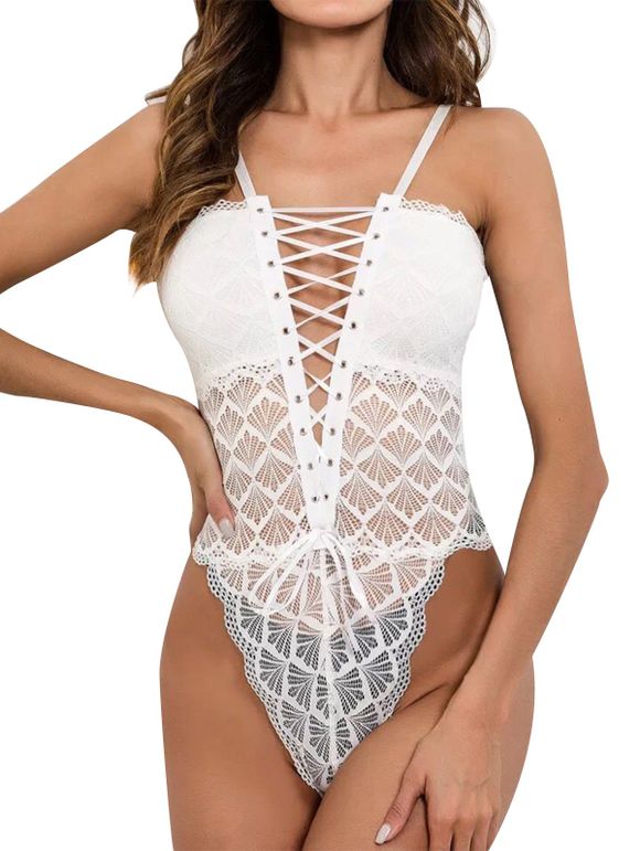 Lace-up Cross Bollow Sexy Babydoll Lingerie - Blanc 2XL