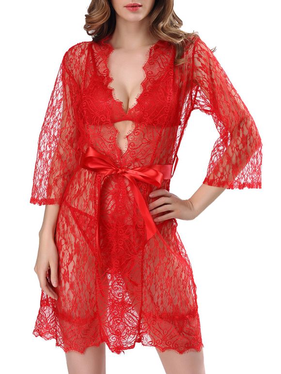 Three Pieces Lace Bathrobe Babydoll Lingerie - Rouge M