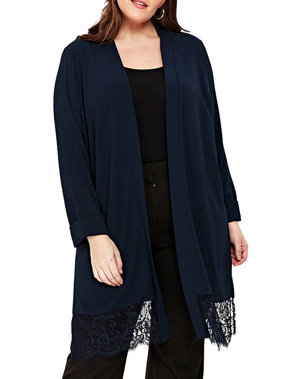 

Plus Size Lace Splice Hem Solid Color Cardigan, Deep blue