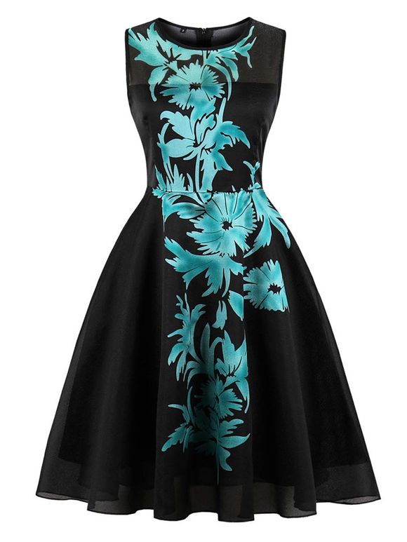 Vintage Round Neck Leaf Printing Design Sleeveless Corset Dress - Bleu M