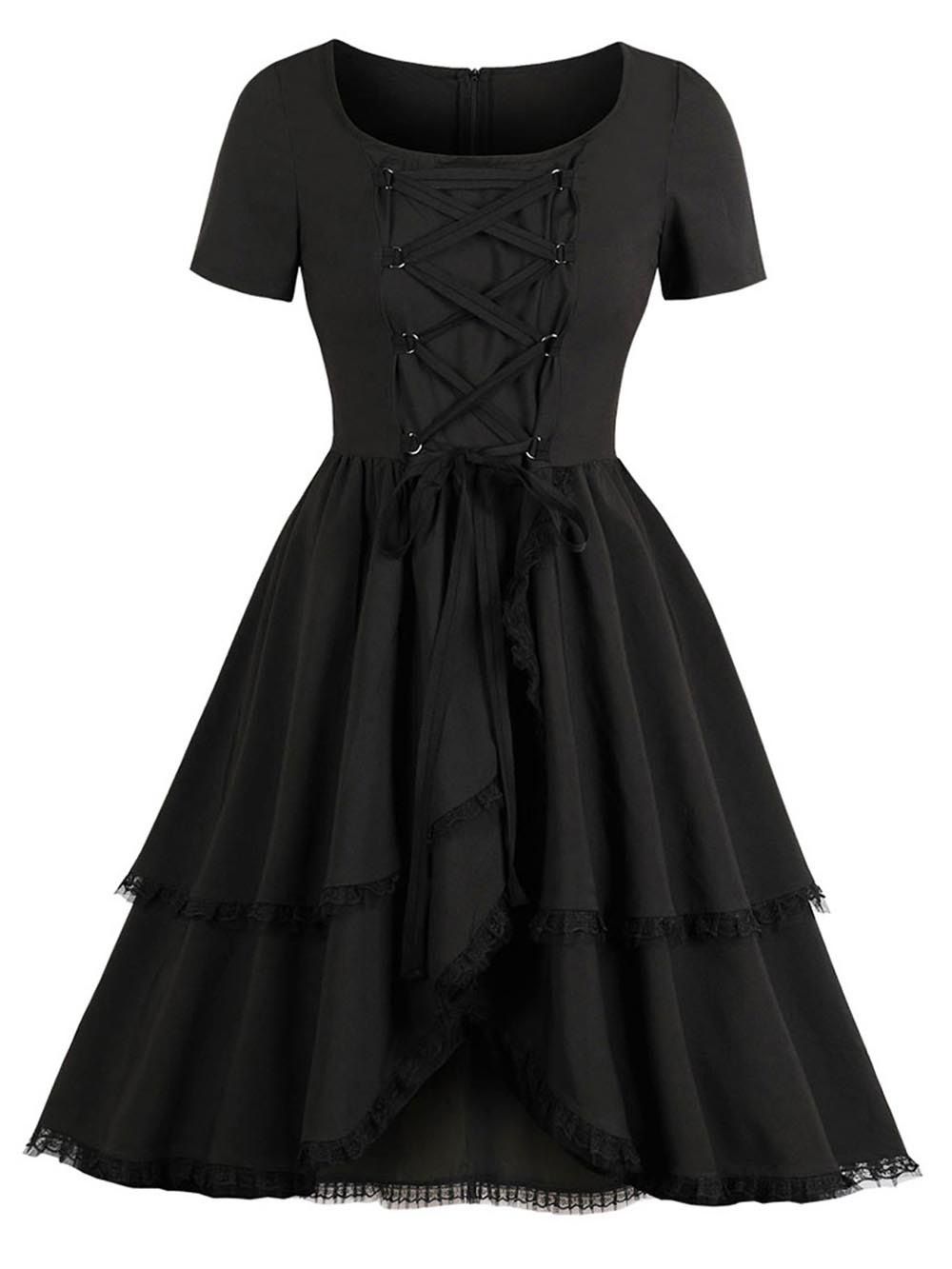 

Vintage Round Neck Strap Lace Decorated Design Short Sleeve Corset Dress, Black