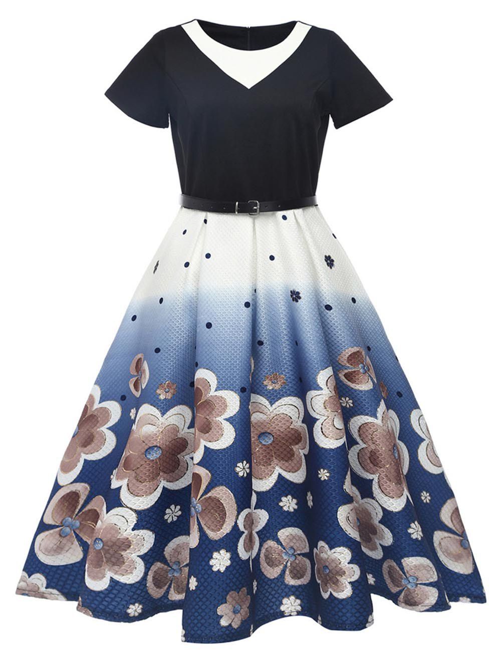 

Round Neck Floral Printing Stitching Design Short Sleeve Corset Dress, Blue