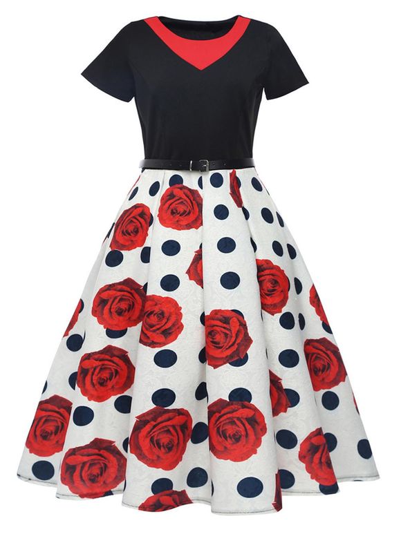 Round Neck Floral Printing Stitching Design Short Sleeve Corset Dress - Rouge XL