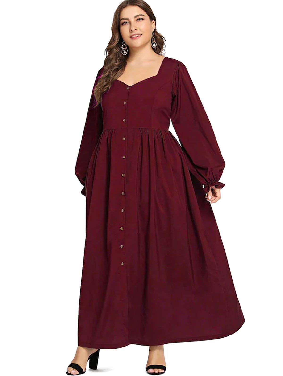 

Plus Size Button Long Vintage Dress, Red wine