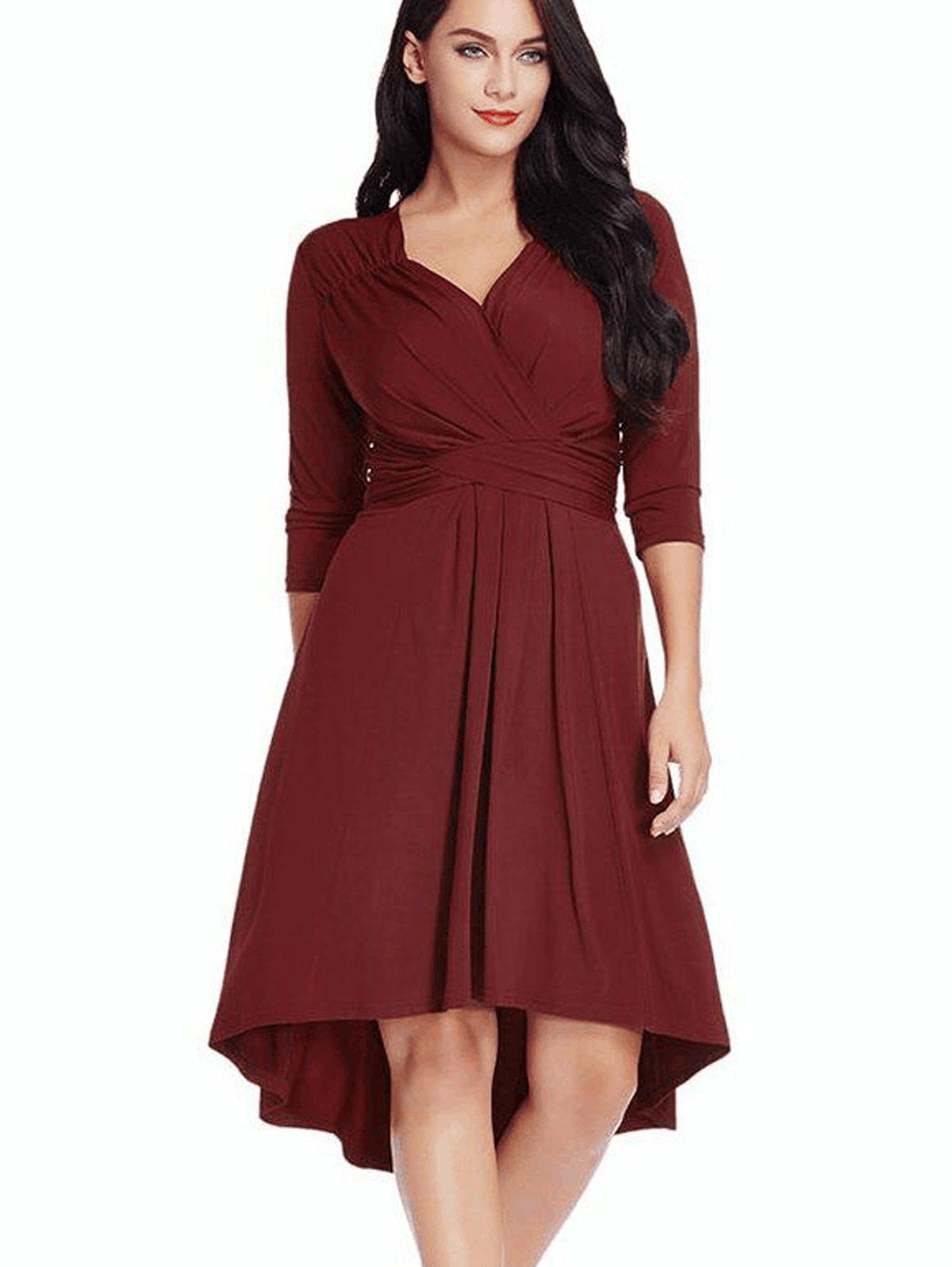 

Plus Size 3/4 Sleeve Cross V Neck Dress, Red wine