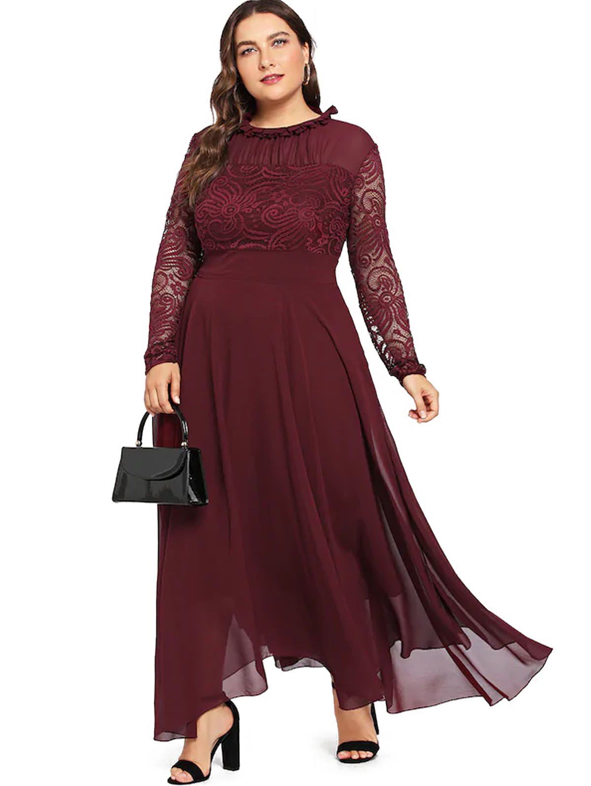 

Plus Size Lace Stitching Chiffon Dress, Red wine