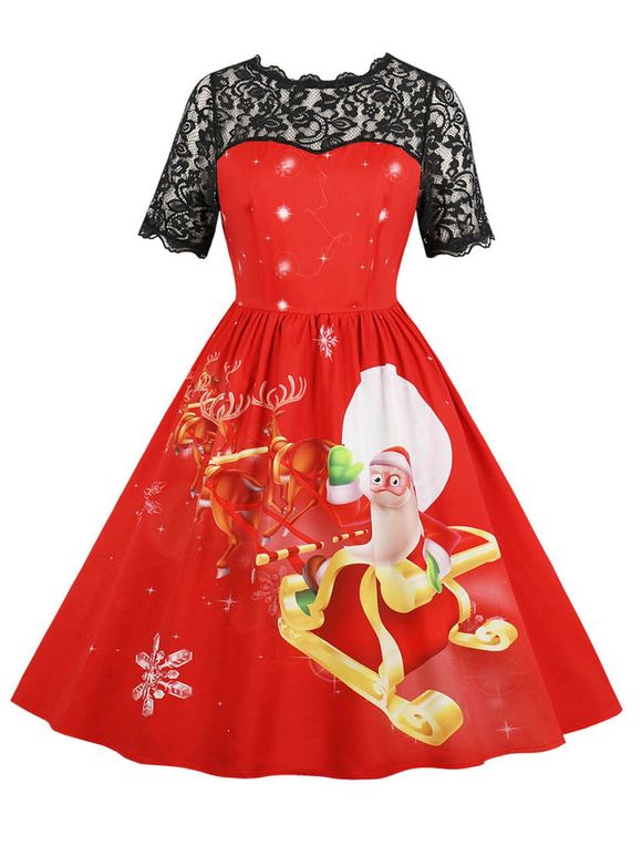 Hepburn Vintage Series Women Dress Spring And Summer Round Neck Christmas Printing Lace-stitching Design Sleeveless Corset Dress - Rouge 2XL