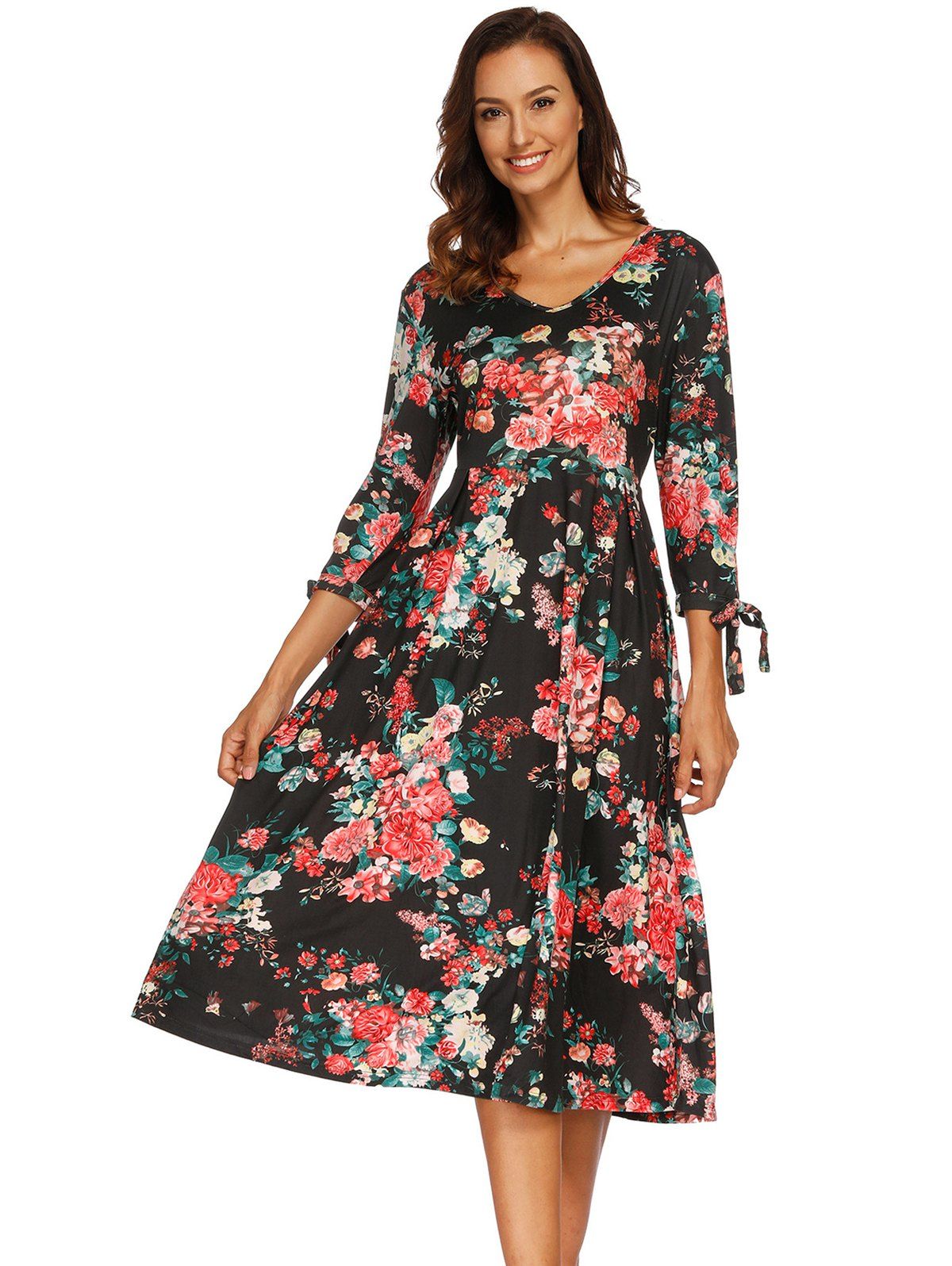 

V Neck Seven Sleeves Print Dress, Black