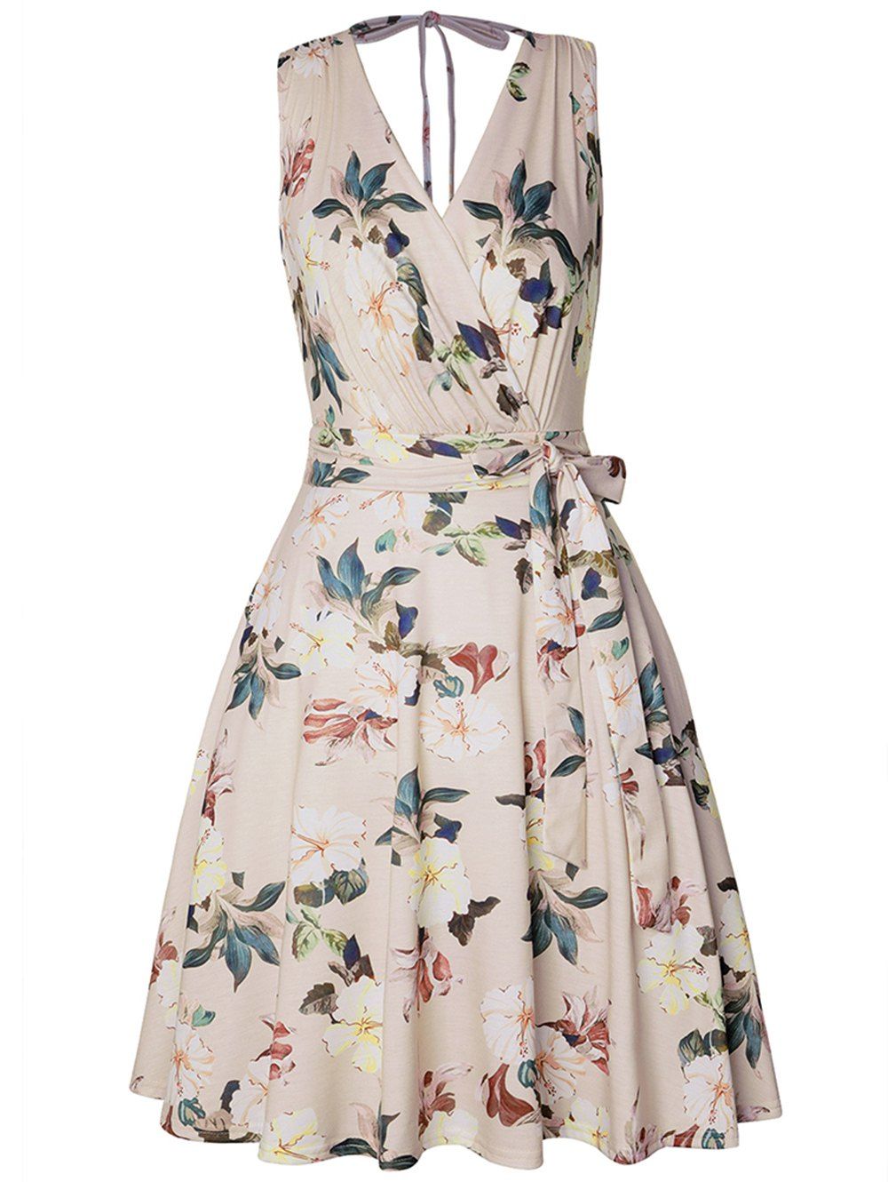 

V-neck Floral Sleeveless Dress, Beige