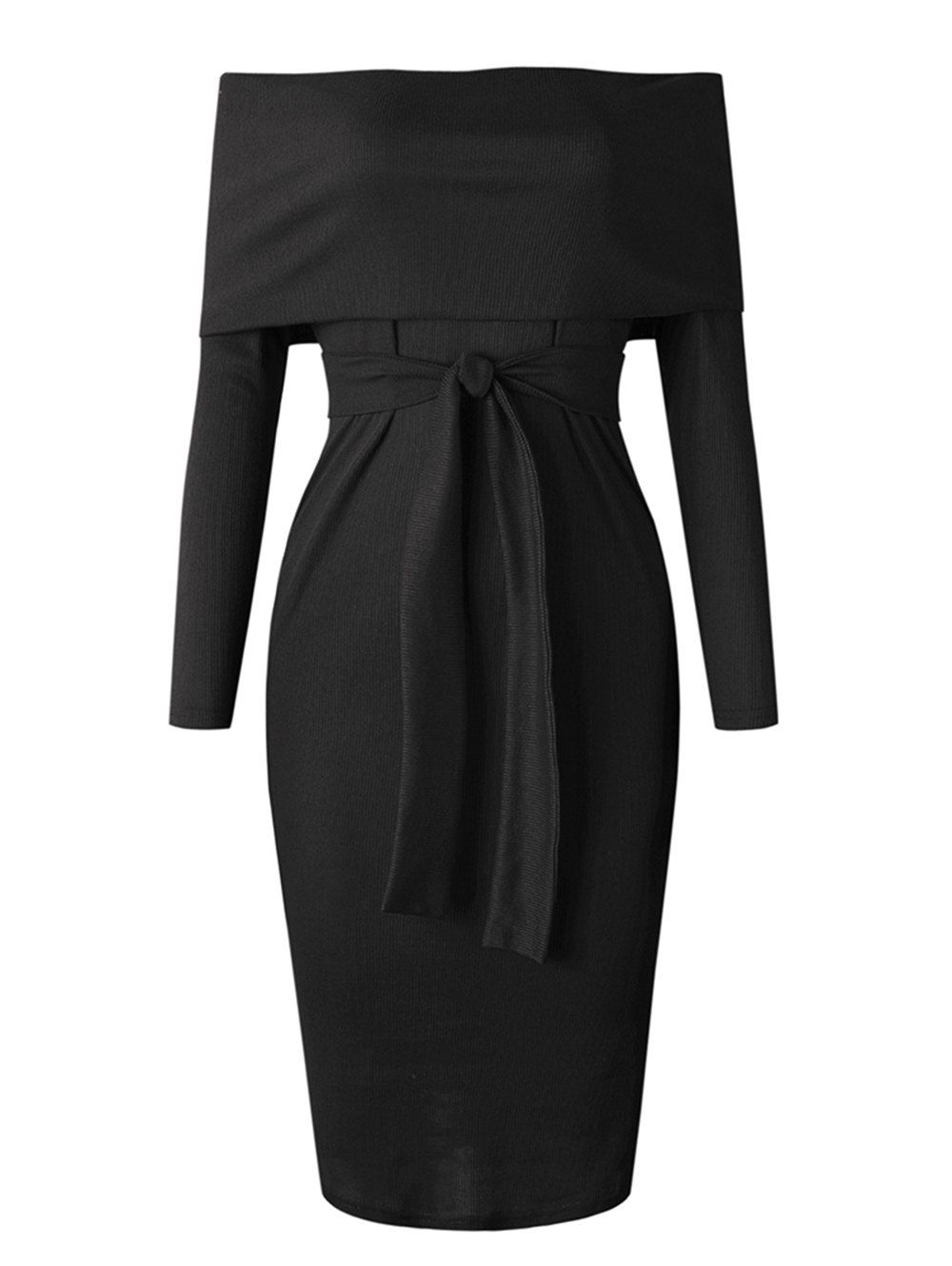 

Womens Sexy Long Sleeve Off Shoulder Knitted Sweater Dress, Black