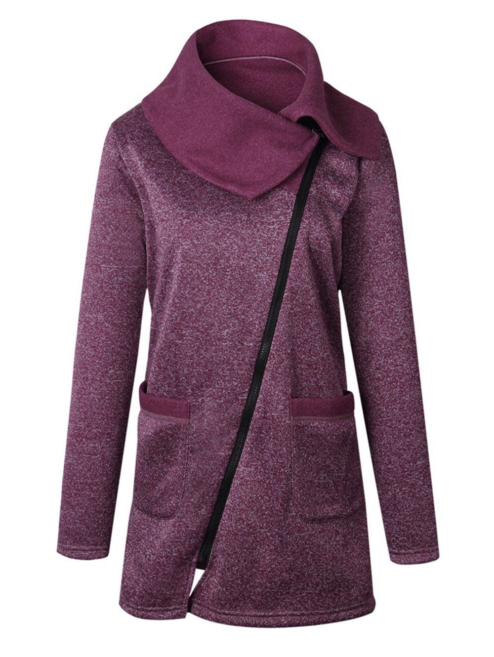 

Women Autumn Polychrome Hooded Oblique Zipper Coat with Pocket, Plum purple
