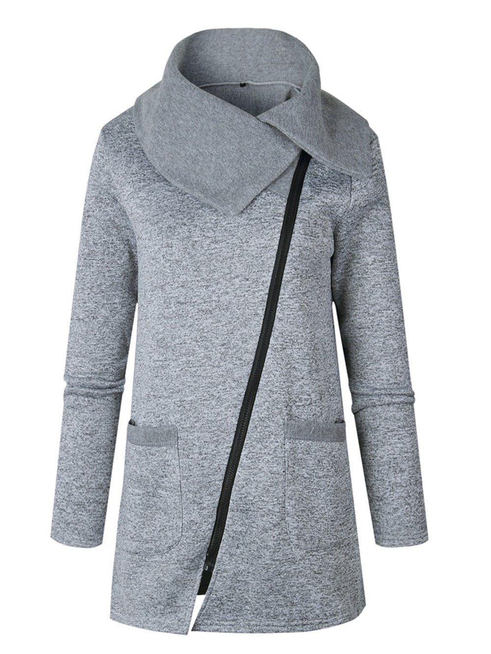 

Women Autumn Polychrome Hooded Oblique Zipper Coat with Pocket, Light gray