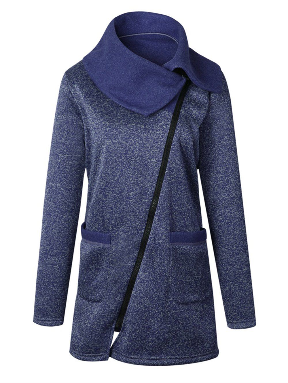 

Women Autumn Polychrome Hooded Oblique Zipper Coat with Pocket, Blue