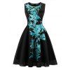 Vintage Round Neck Leaf Printing Design Sleeveless Corset Dress - Bleu M