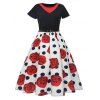 Round Neck Floral Printing Stitching Design Short Sleeve Corset Dress - Rouge XL