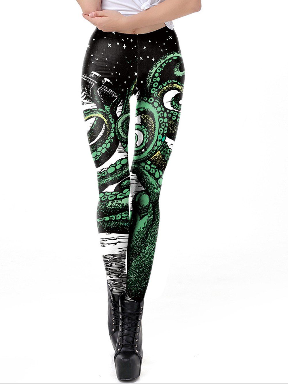 

Women Printed Casual Pattern Ankle Length Elastic Tights Leggings, Black