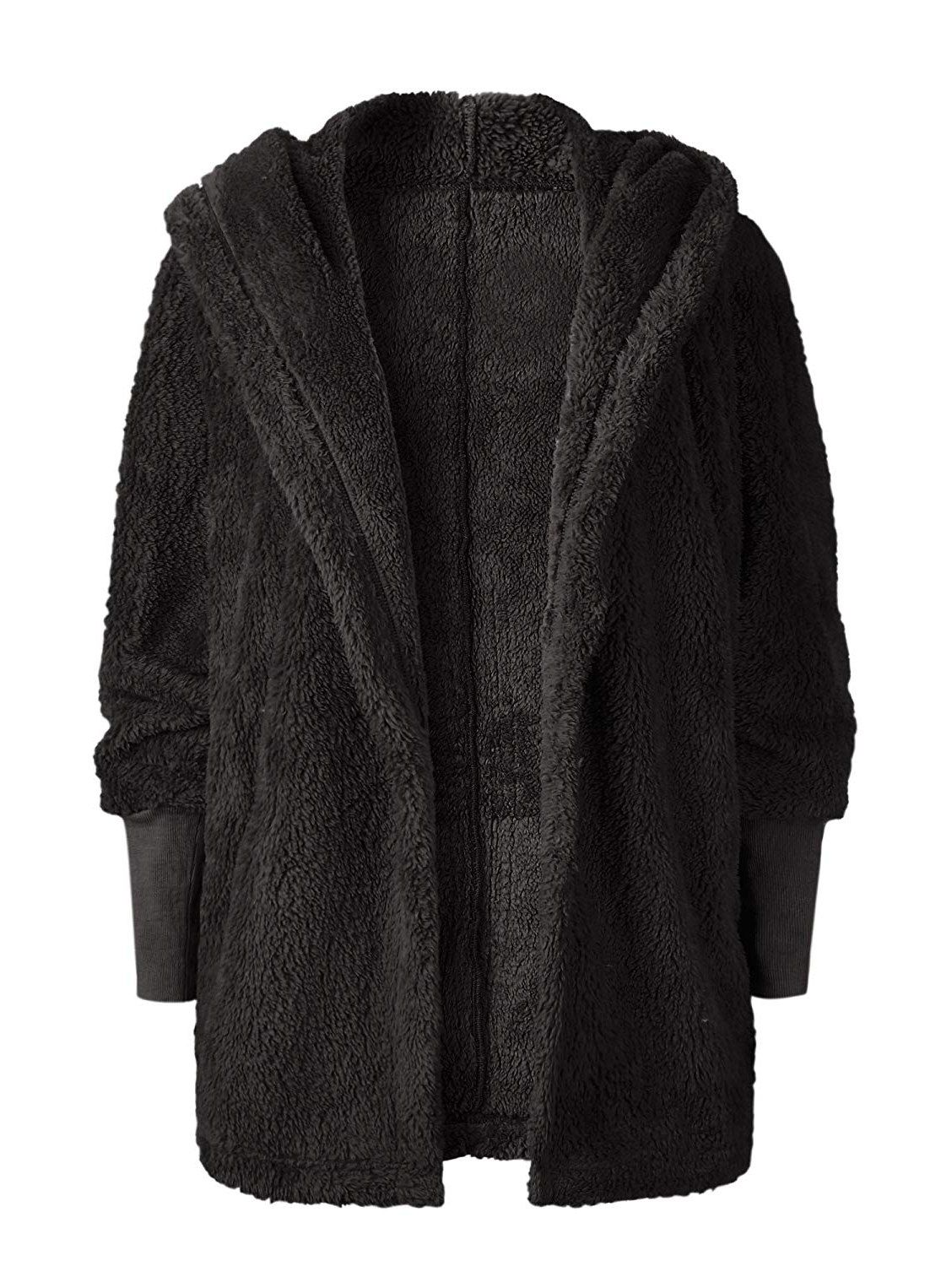 

Lapels cardigans medium length plush hoodies coats, Black
