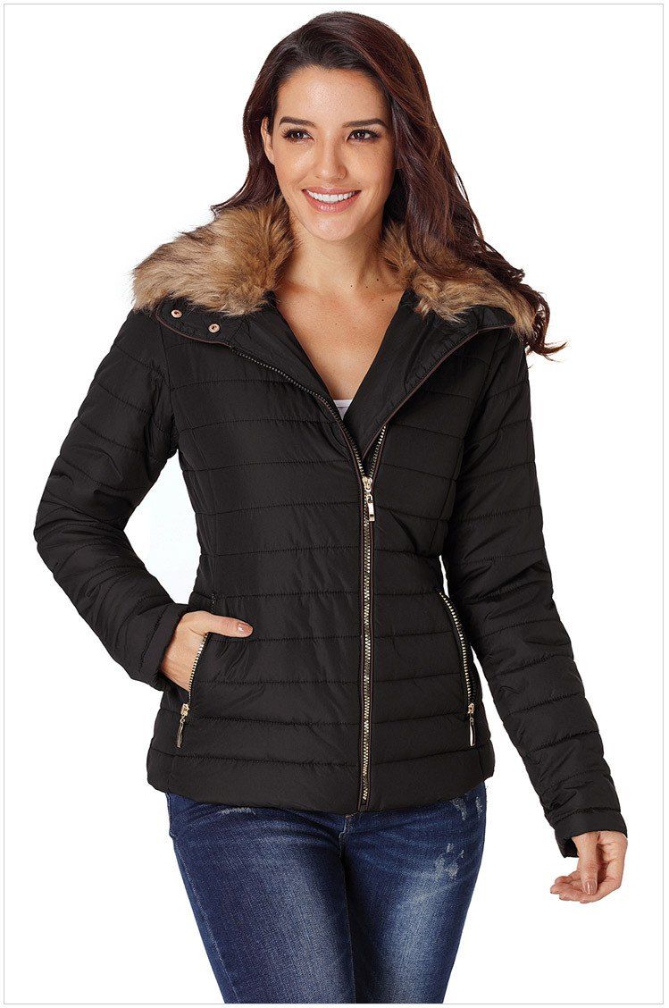 Artificial furry collar  embellishment long sleeves slim  cotton-padded coat - BLACK XL