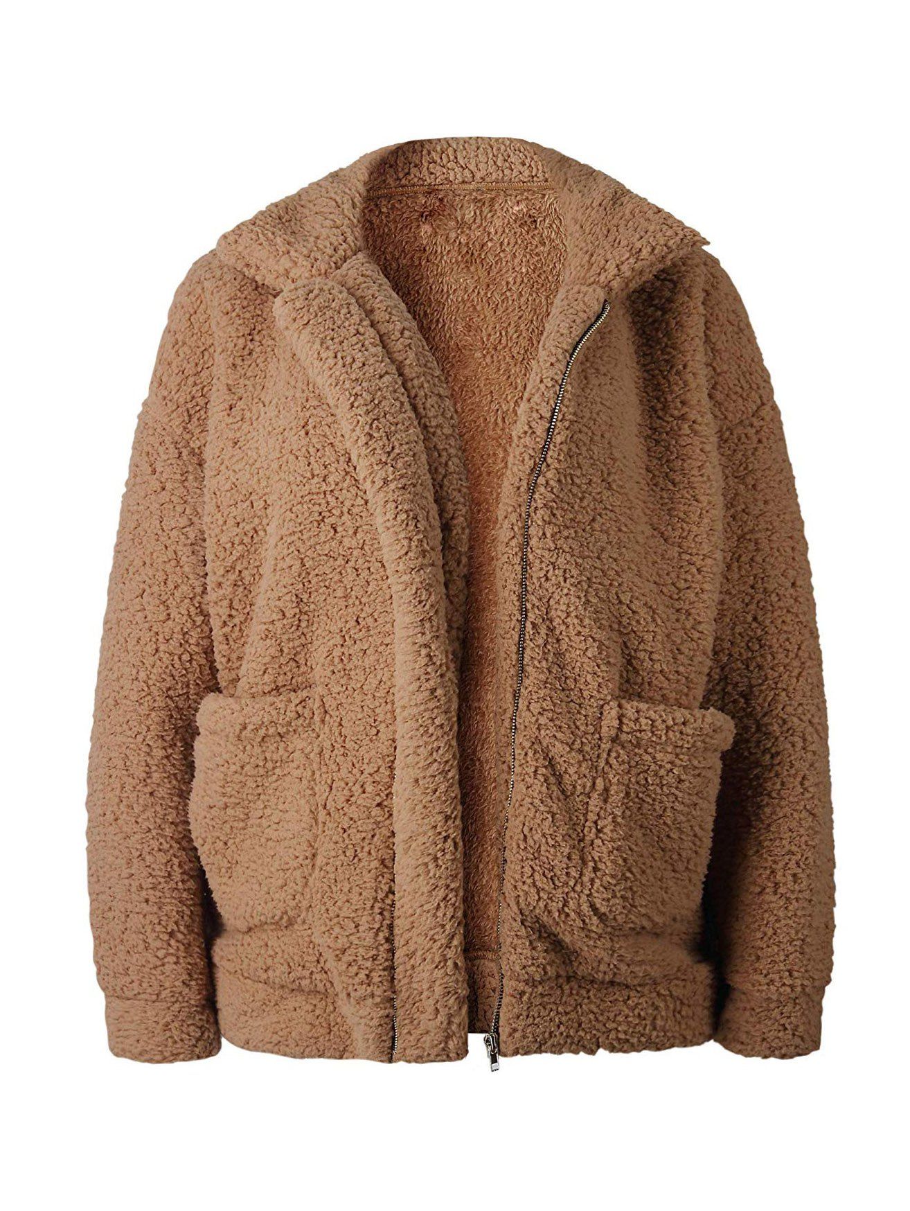 

Pocket zipper cardigan thick plush coat, Apricot