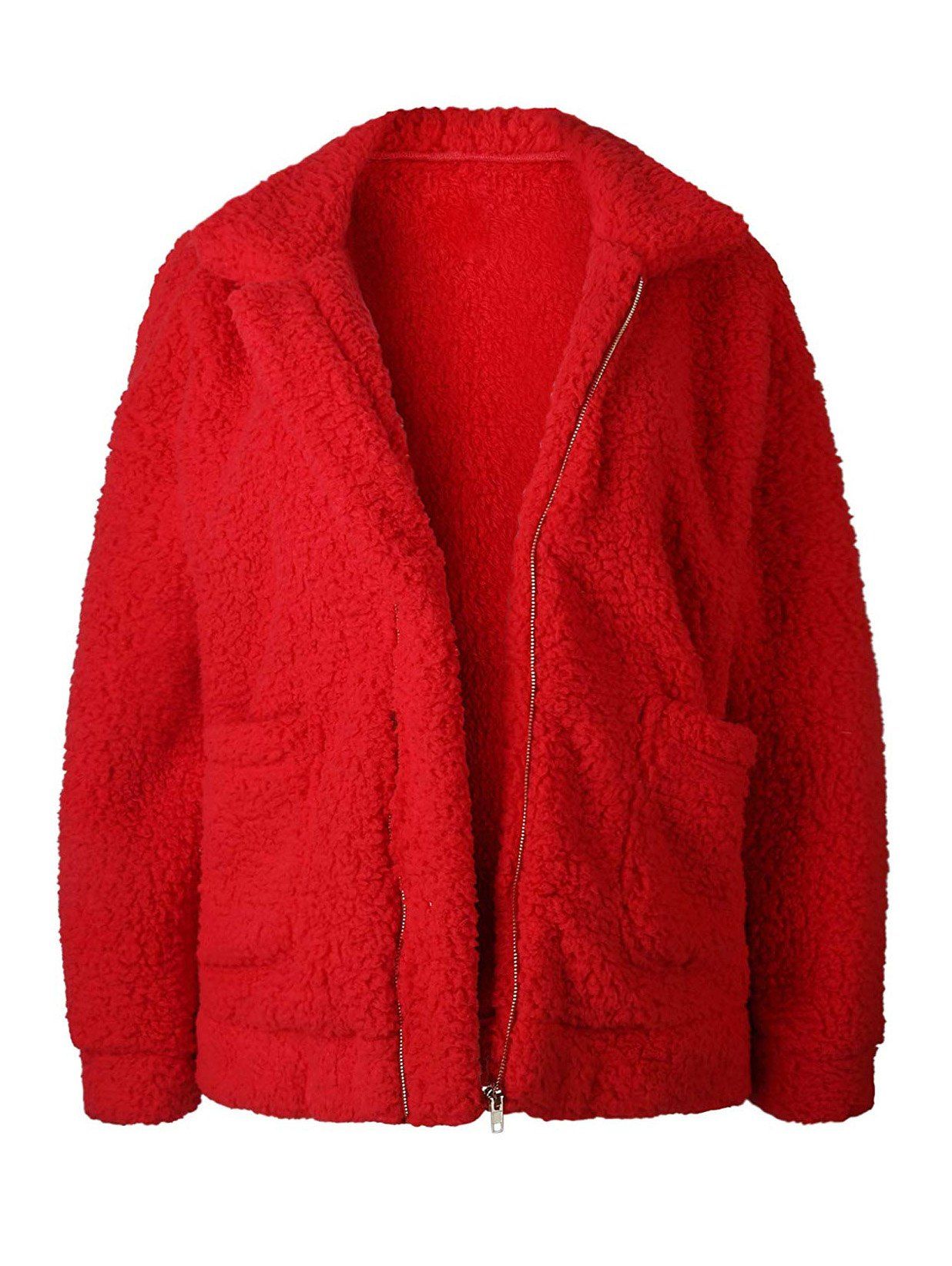 

Pocket zipper cardigan thick plush coat, Red