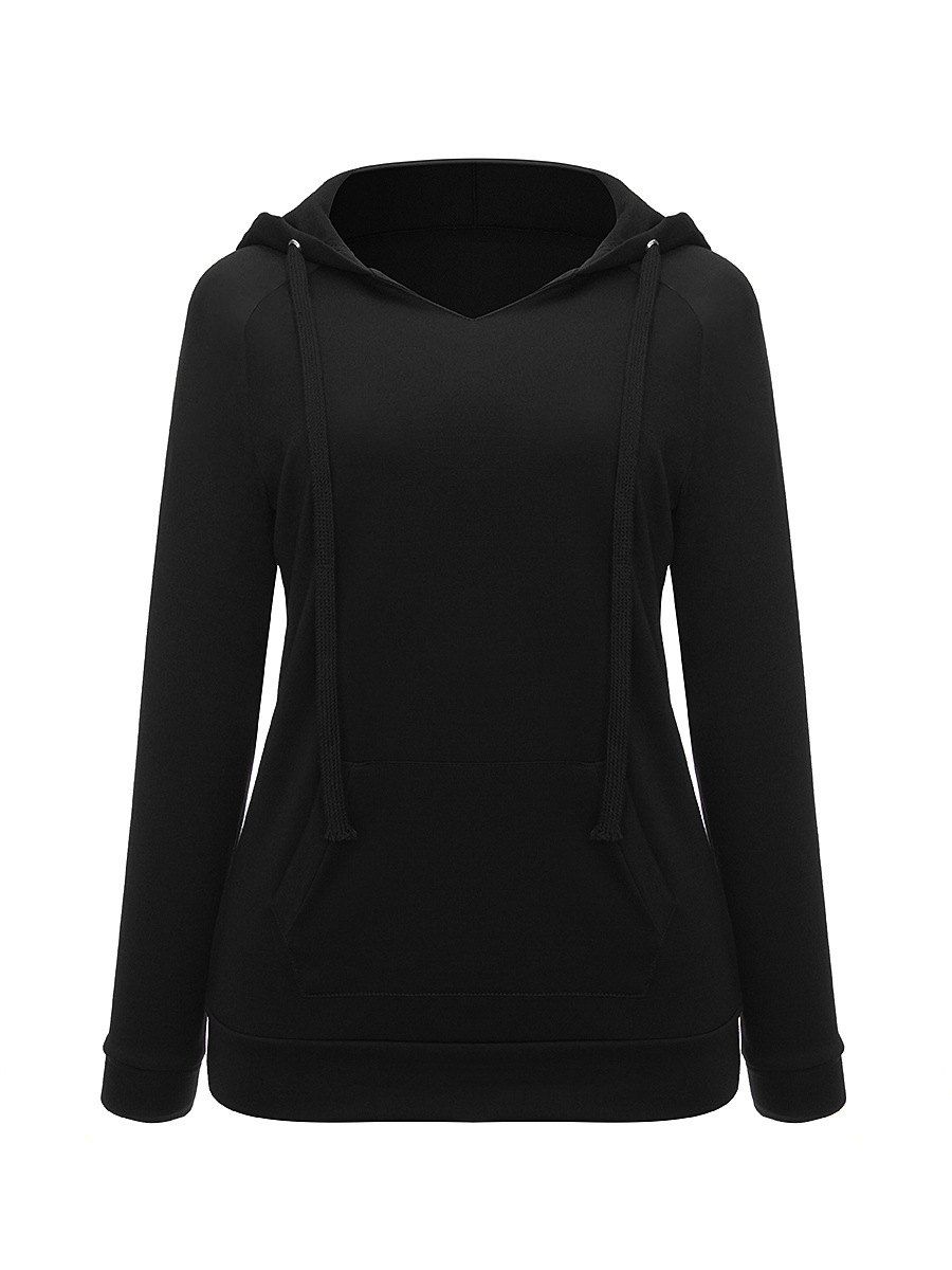 

V Neck Long Sleeve Casual Hoodie, Black