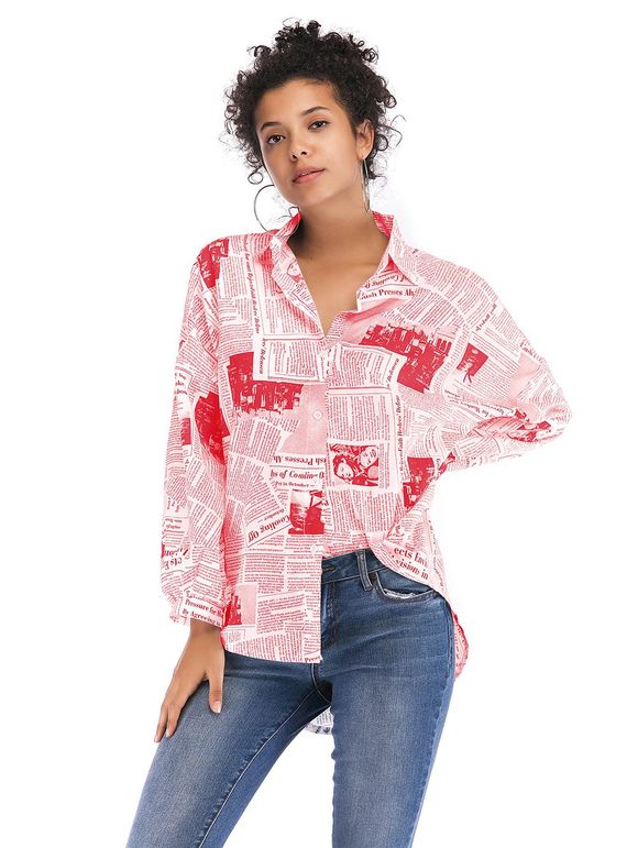 Single Breated Newspaper Floral Shirt - Rouge M