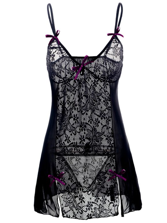 Robe De Nuit Nuisette Lingerie Sexy Epaule à Bretelle de Grande Taille Pour Femme - Noir XL