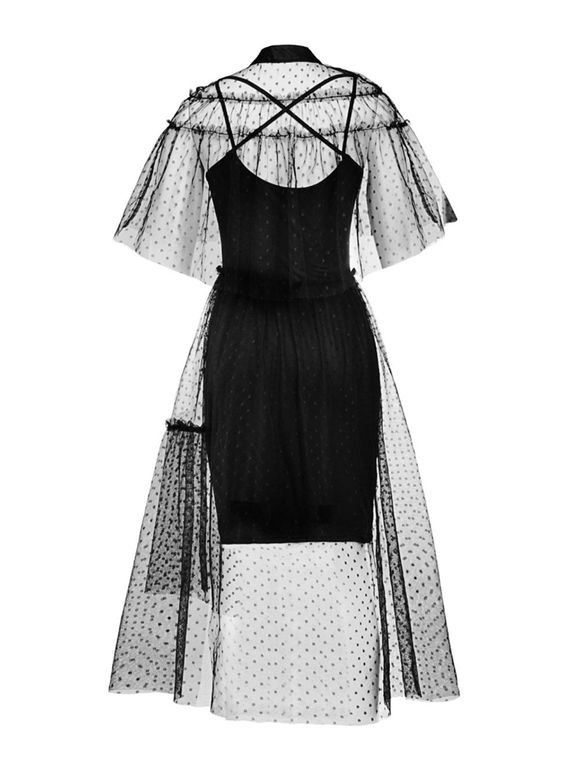Hepburn Vintage Series Women Dress Spring And Summer Lapel Hollow Out Lace-stitching Design Short Sleeve Corset Retro Dress - BLACK M
