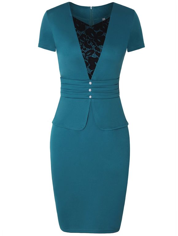 V Neck Short Sleeve Lace Patchwork Pencil Dress - Turquoise Foncée 2XL