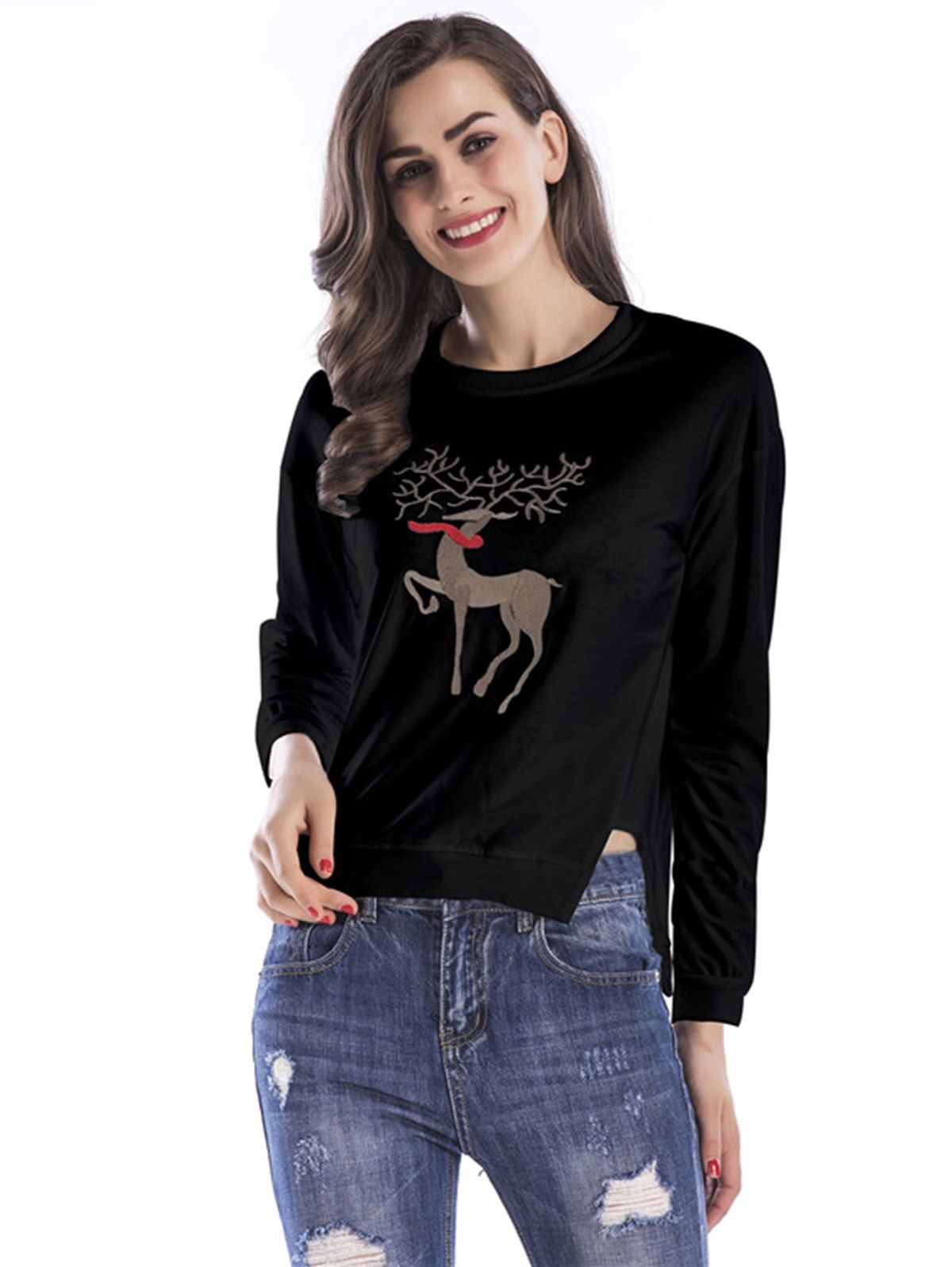 Womens Fashion Christmas Floral Print  Long Sleeve  T-Shirt Tops - BLACK M
