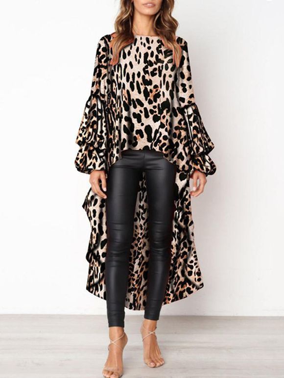 Womens Leopard Print Asymmetrical  Ruffle Dinner Dress - DARK KHAKI M