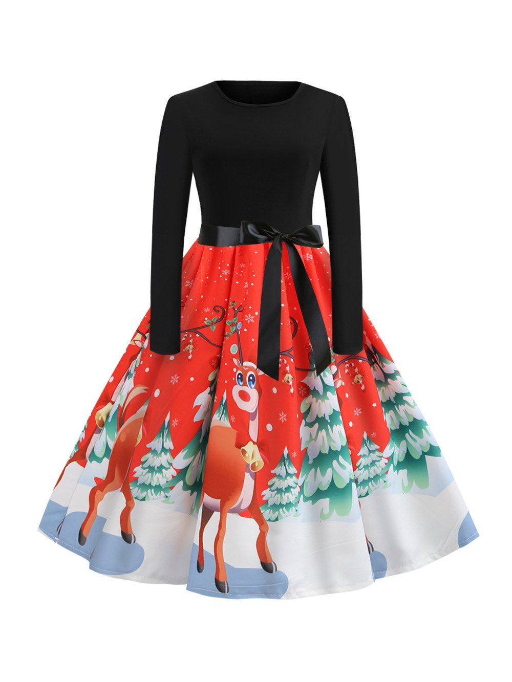 christmas print stitching long sleeves and large dresses
