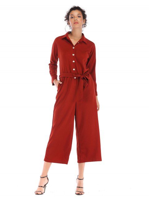  Single breasted waist beltsolid collars long Lapel Jumpsuits trousers