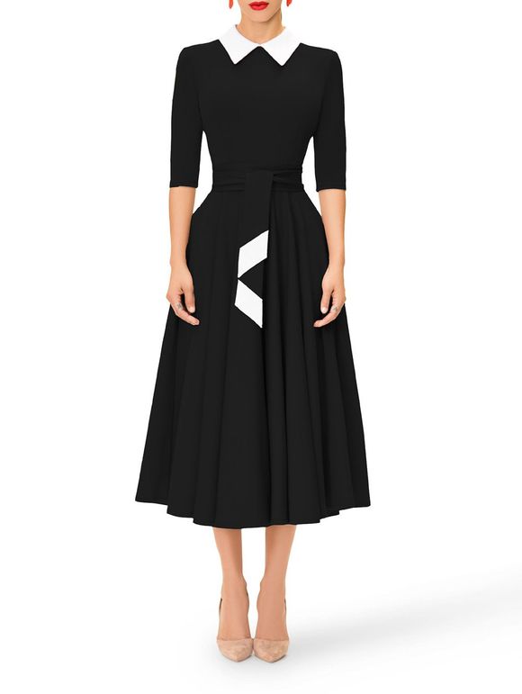Contrast Color Lapel With Belt A-line Dress - Noir L
