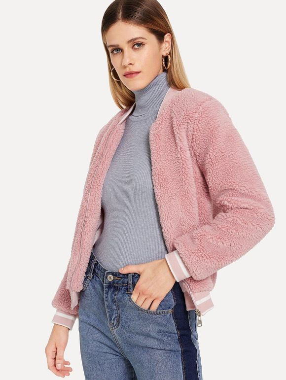 Stand Collar Hairy Short Coat - PINK S