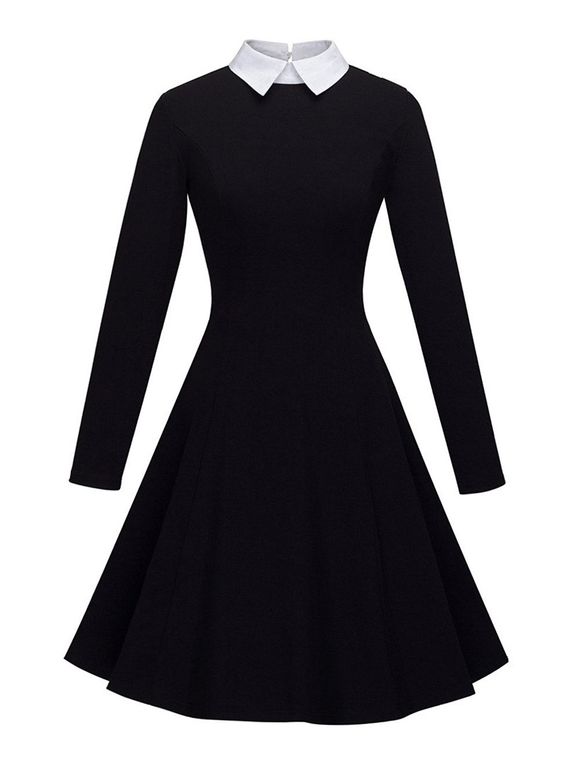 Women's Peter Pan Lapel Collar Long Sleeve  Fit and Flare Dress - BLACK S