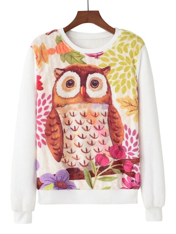Owl Coral Print Pullover Hoodie - Blanc L