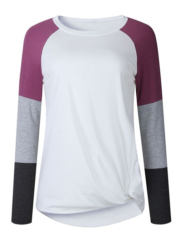 Women Long Sleeve Patchwork Color Block Sweatshirt Casual Tunic Top - Blanc S