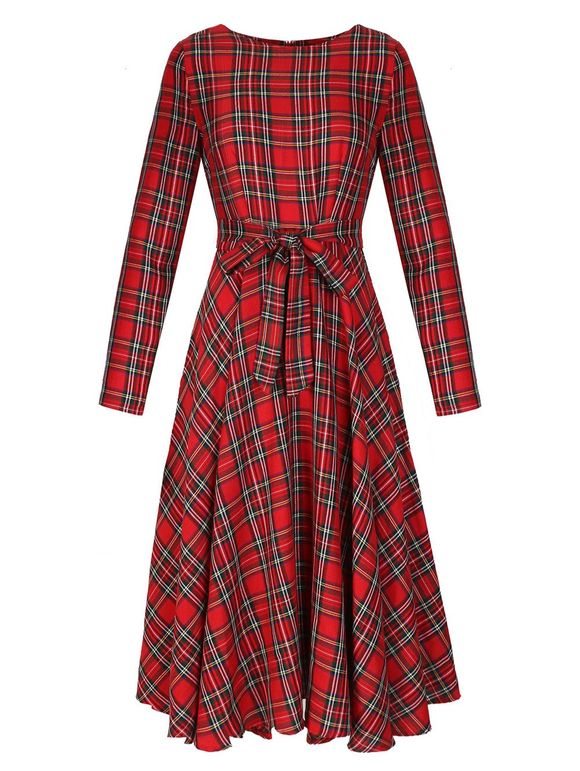 Round Neck Long Sleeve Mid-length Plaid Dress - RED L