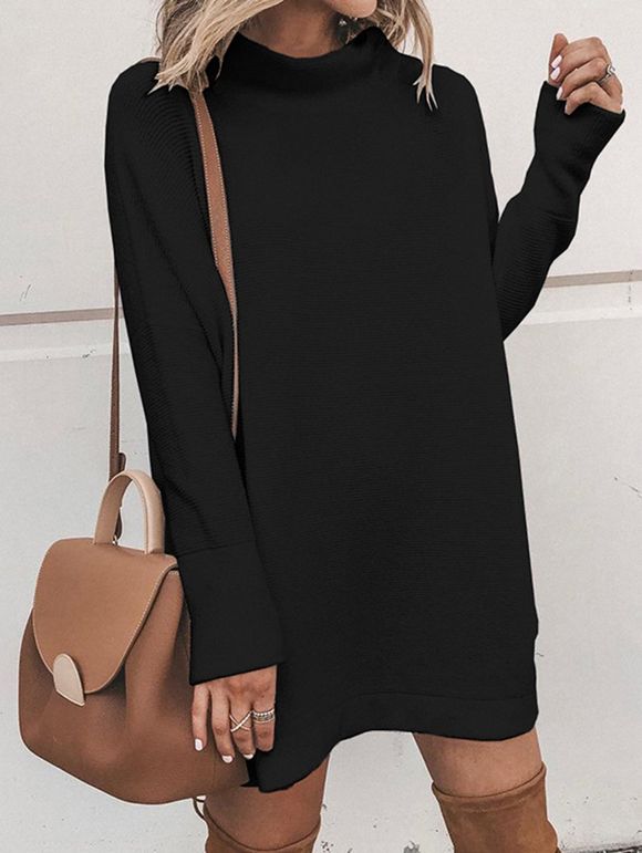 Womens Fashion Round Neck Long Sleeve Sweater Dress - BLACK XL